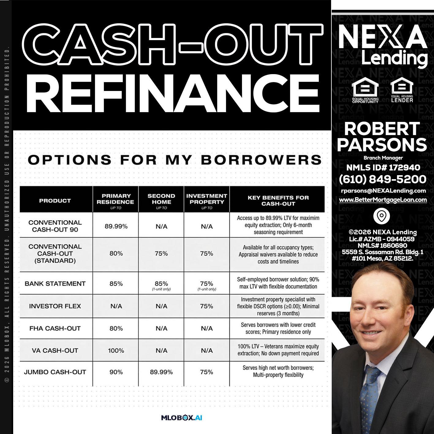 CASH OUT - Robert Parsons -Mortgage Loan Originator