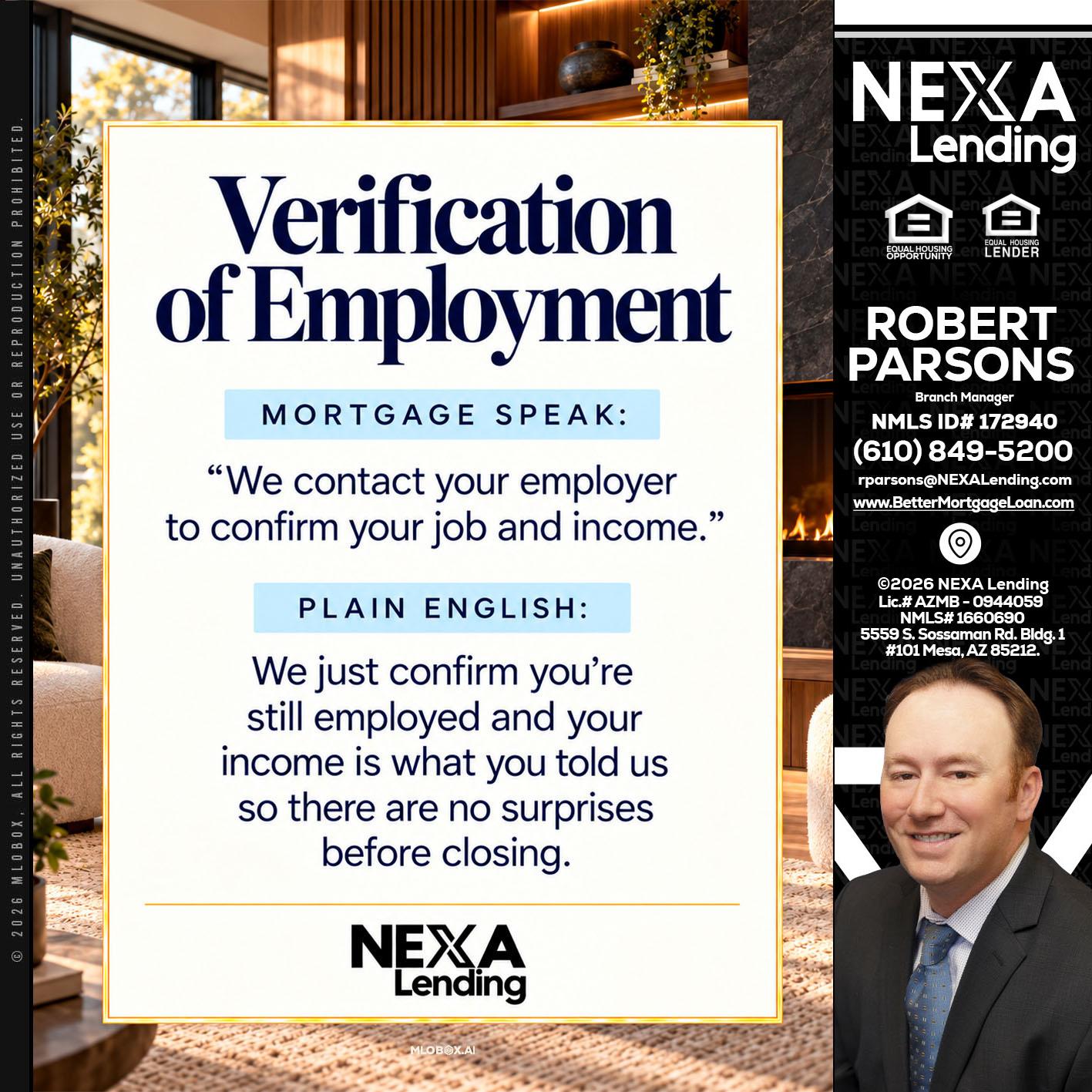 VERIFICATION OF EMPLOYMENT - Robert Parsons -Mortgage Loan Originator